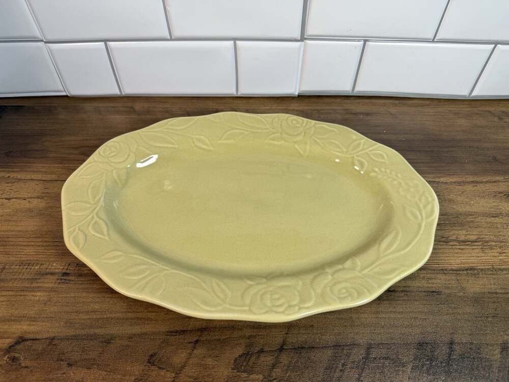 Laura Ashley Rosemoor Green 14” Serving Platter Embossed Roses Floral 14x9.5